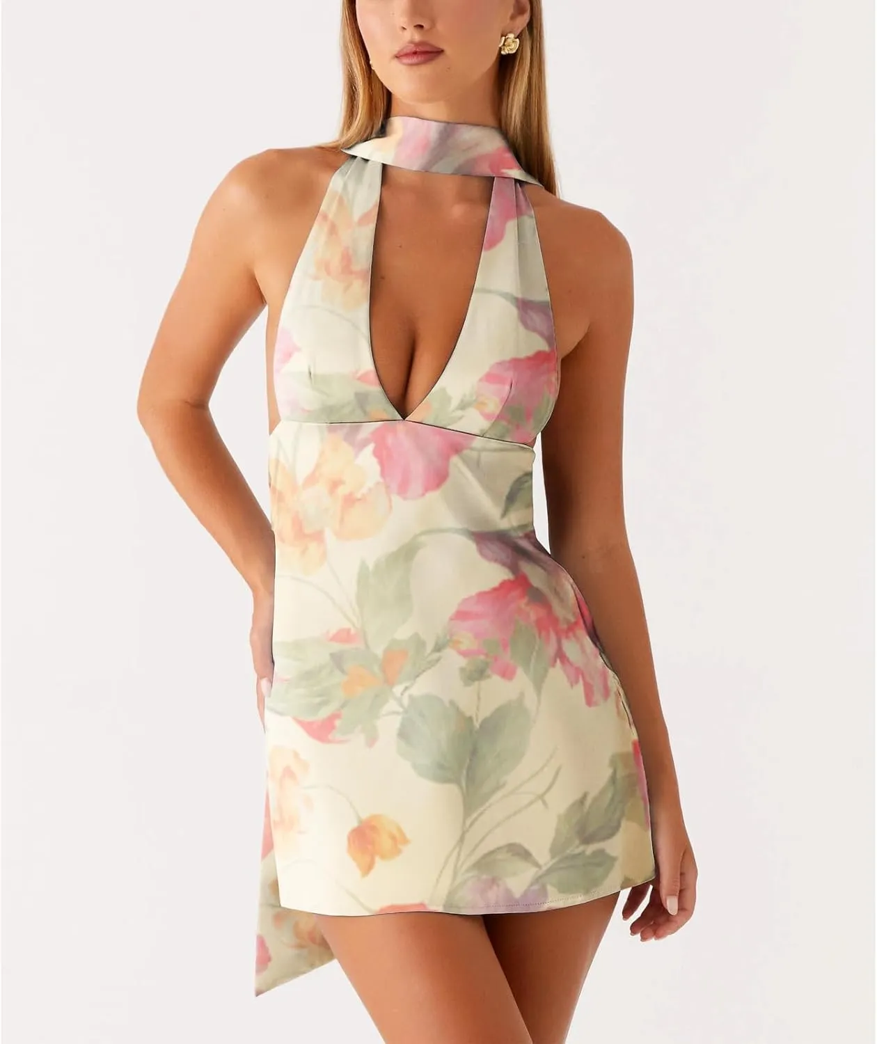 Women Y2k Silk Satin Floral Halter Neck Scarf Mini Dress Sexy Deep V Neck Open Back Cowl Beach Formal Short Dresses