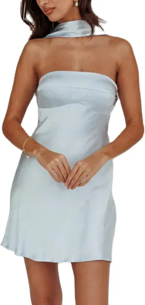 Women Y2k Silk Satin Floral Halter Neck Scarf Mini Dress Sexy Deep V Neck Open Back Cowl Beach Formal Short Dresses