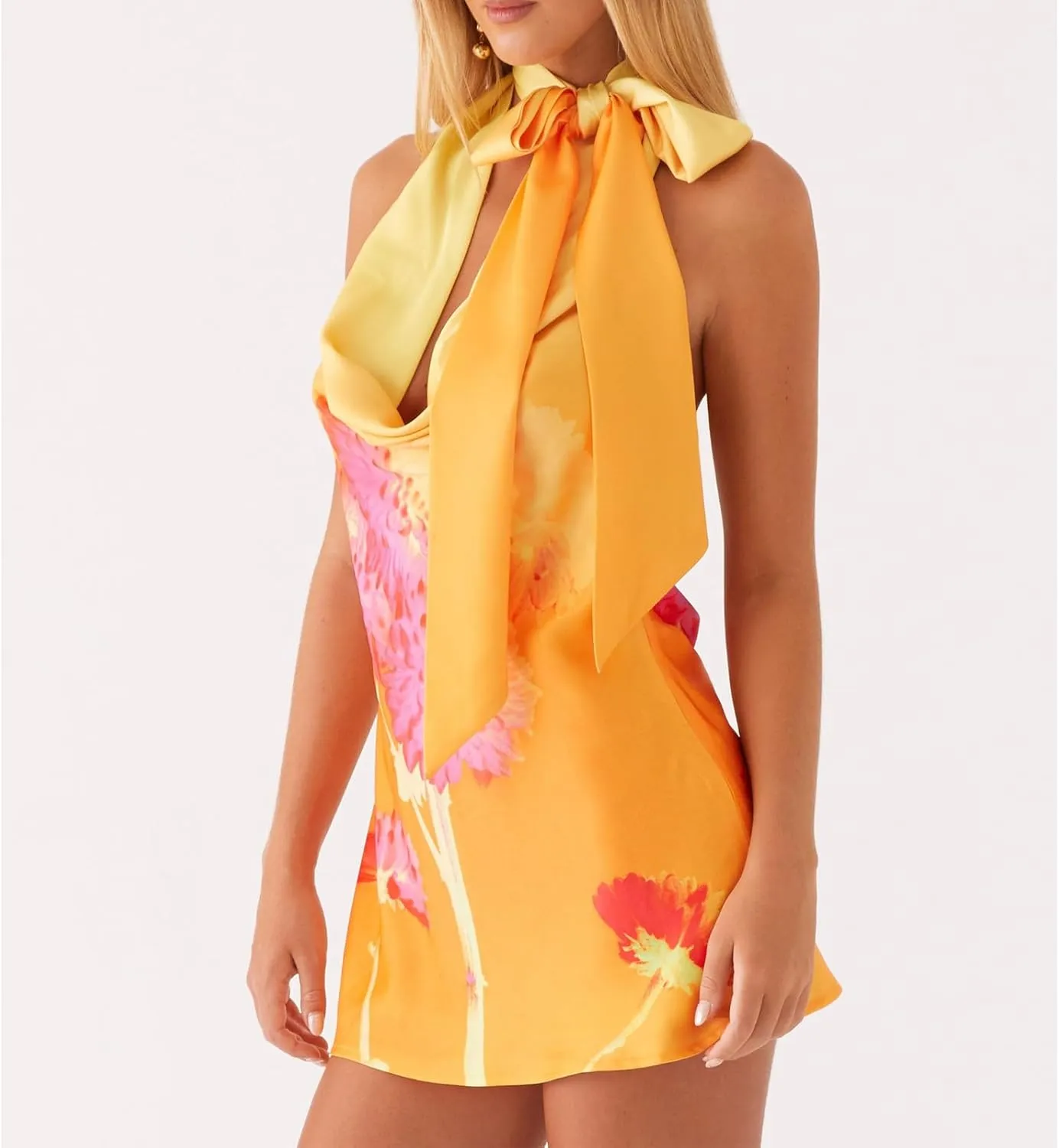 Women Y2k Silk Satin Floral Halter Neck Scarf Mini Dress Sexy Deep V Neck Open Back Cowl Beach Formal Short Dresses
