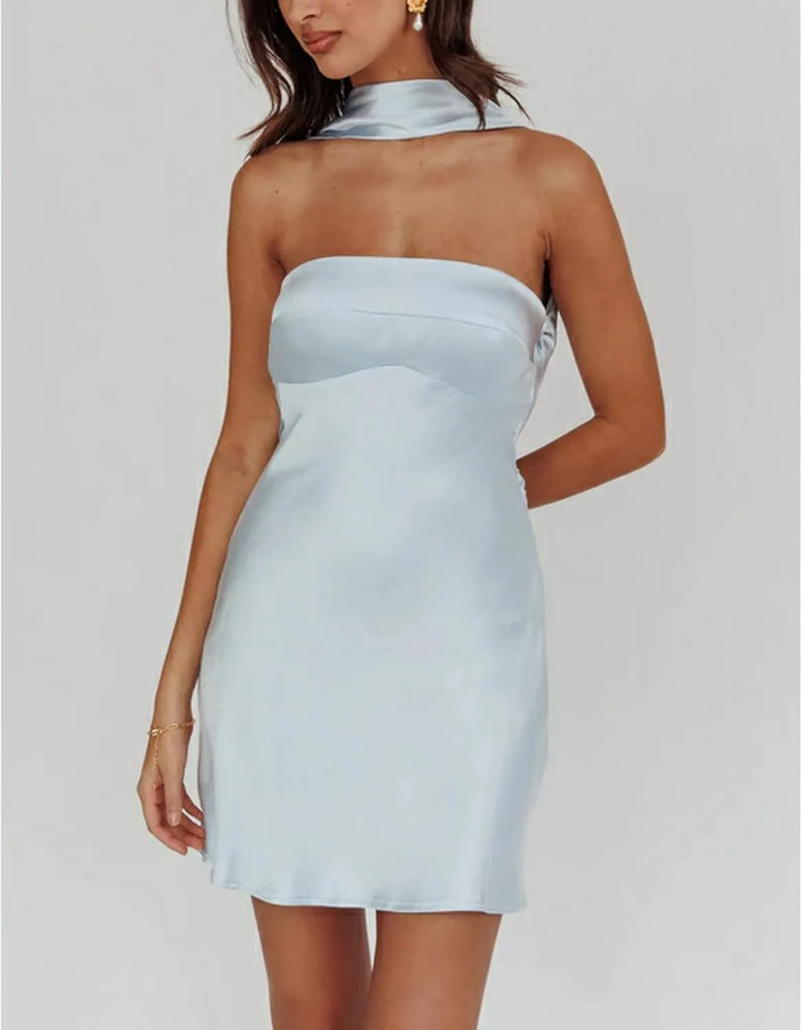 Women Y2k Silk Satin Floral Halter Neck Scarf Mini Dress Sexy Deep V Neck Open Back Cowl Beach Formal Short Dresses