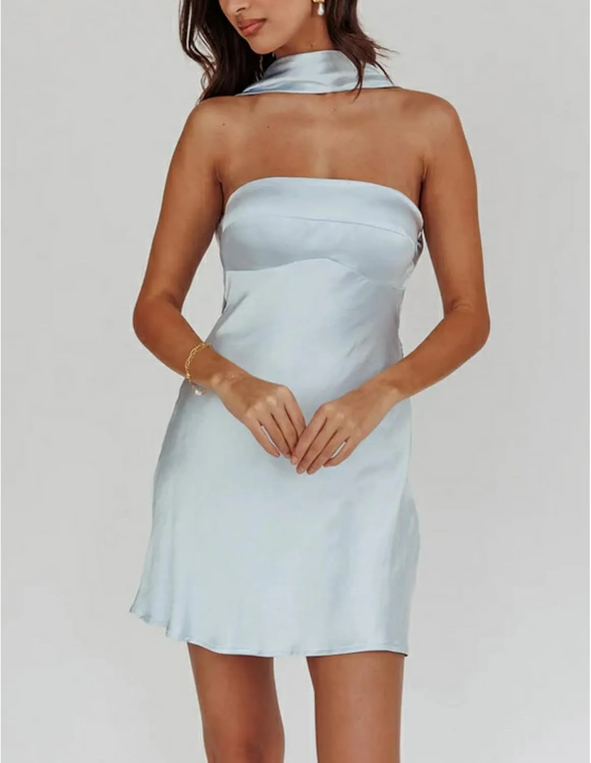 Women Y2k Silk Satin Floral Halter Neck Scarf Mini Dress Sexy Deep V Neck Open Back Cowl Beach Formal Short Dresses