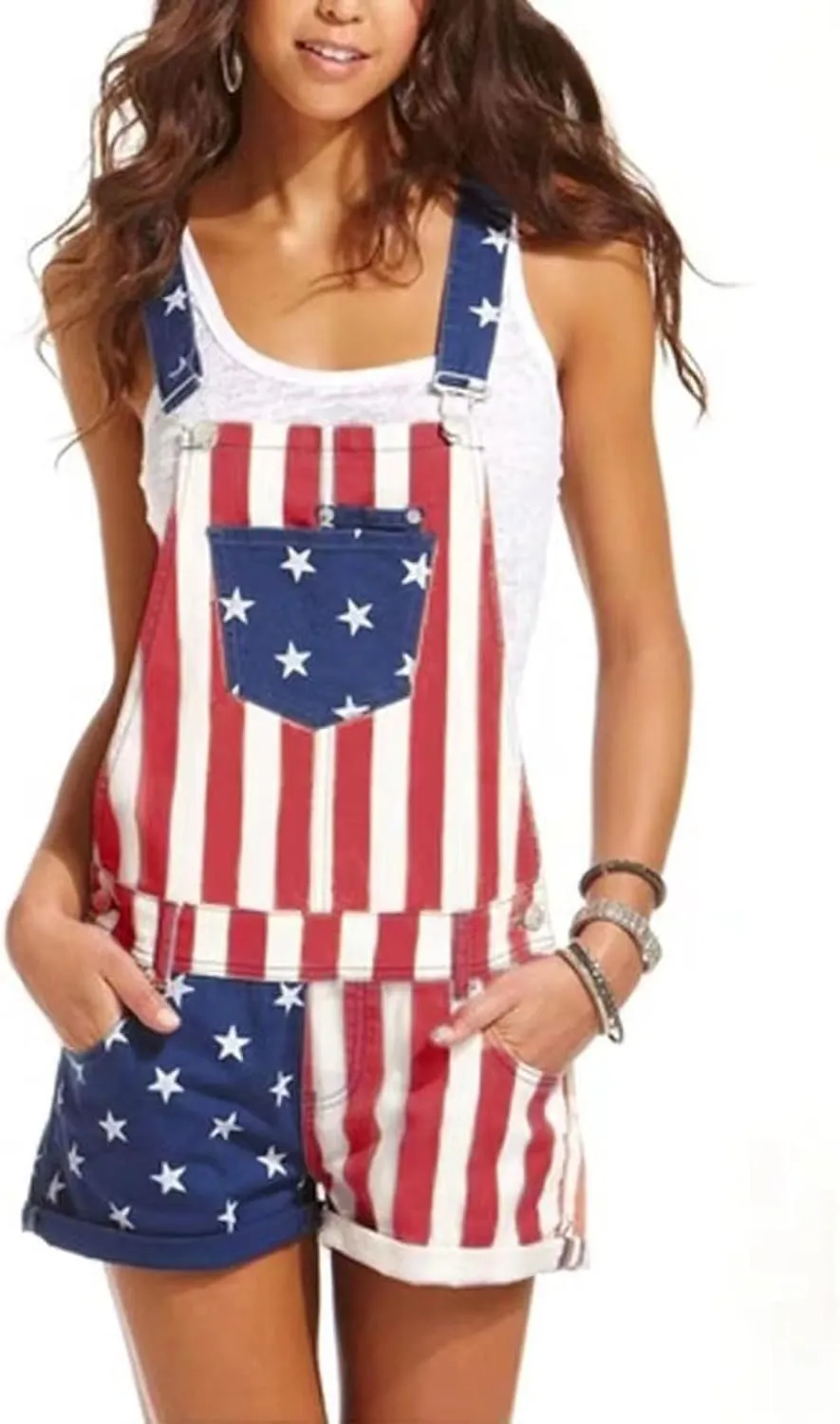 Women's American Flag Overalls Cotton Summer Rompers 4th of July Patriotic Jumpsuit Outfit Casual Adjustable Bibs