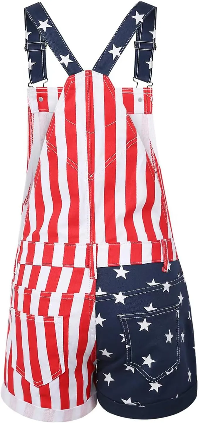 Women's American Flag Overalls Cotton Summer Rompers 4th of July Patriotic Jumpsuit Outfit Casual Adjustable Bibs