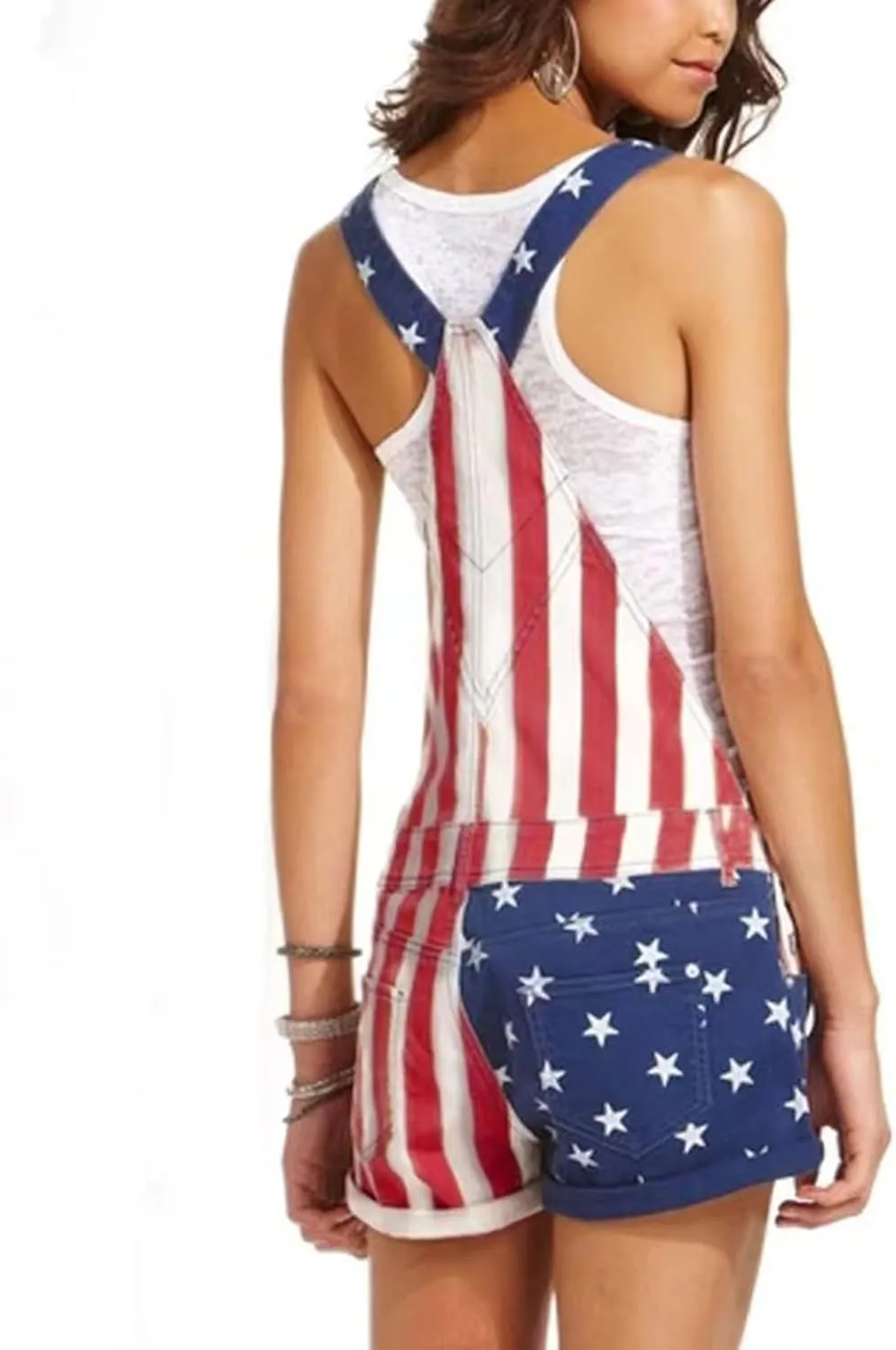 Women's American Flag Overalls Cotton Summer Rompers 4th of July Patriotic Jumpsuit Outfit Casual Adjustable Bibs
