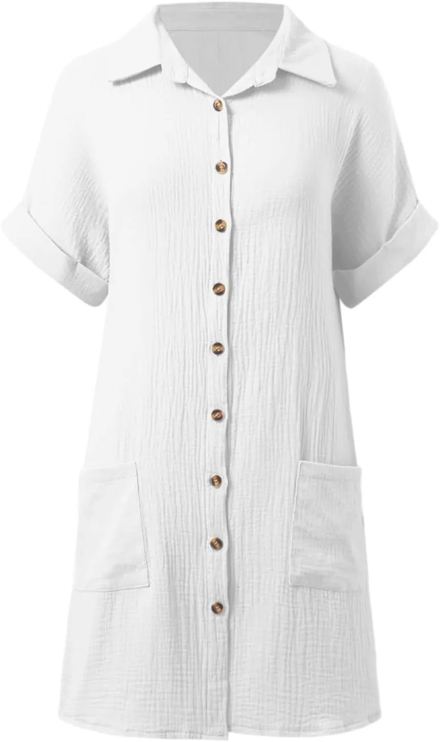 Womens Button Down Shirt Dress Summer Shorts Sleeve Cotton Linen Casual Midi Dress V-Neck Loose Tunic Dresses