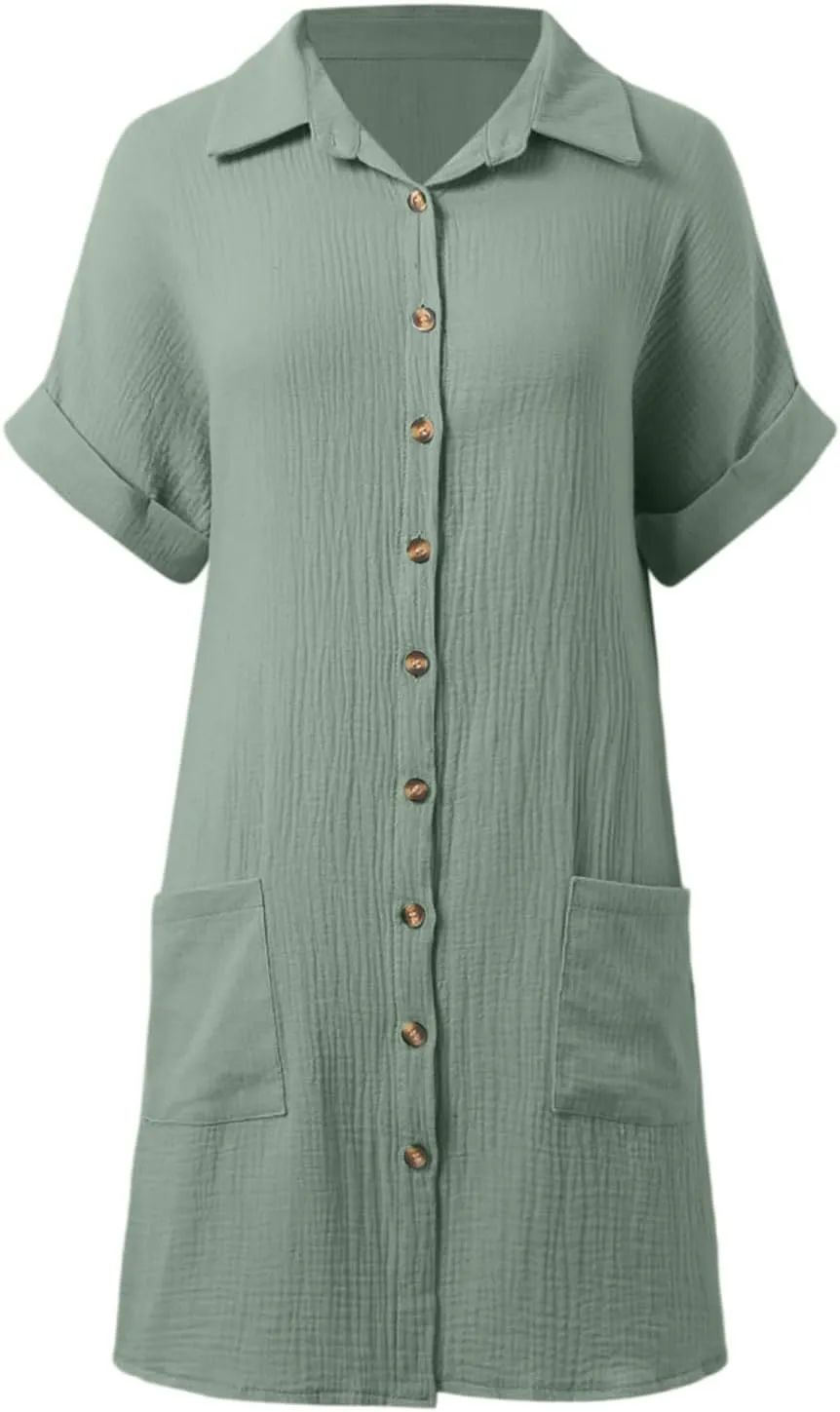 Womens Button Down Shirt Dress Summer Shorts Sleeve Cotton Linen Casual Midi Dress V-Neck Loose Tunic Dresses