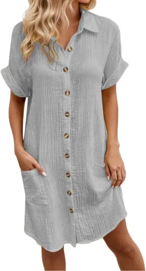 Womens Button Down Shirt Dress Summer Shorts Sleeve Cotton Linen Casual Midi Dress V-Neck Loose Tunic Dresses