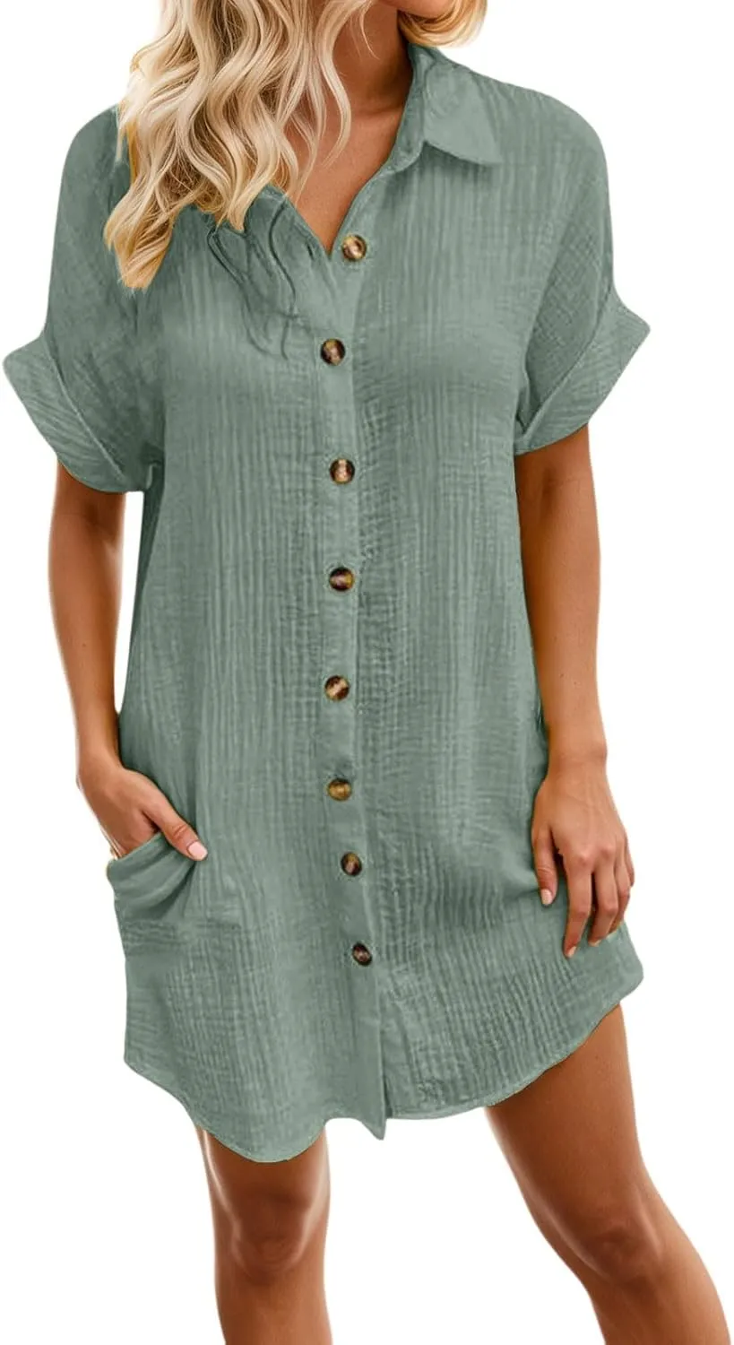 Womens Button Down Shirt Dress Summer Shorts Sleeve Cotton Linen Casual Midi Dress V-Neck Loose Tunic Dresses