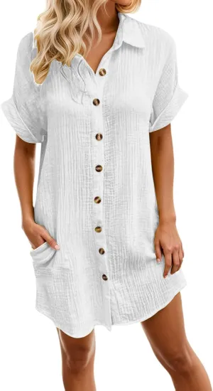 Womens Button Down Shirt Dress Summer Shorts Sleeve Cotton Linen Casual Midi Dress V-Neck Loose Tunic Dresses