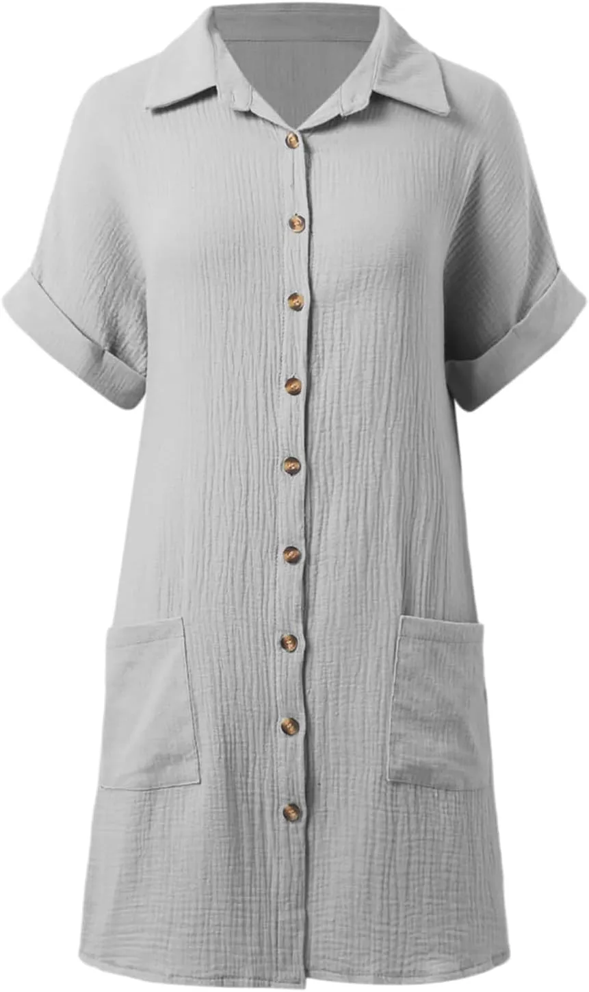 Womens Button Down Shirt Dress Summer Shorts Sleeve Cotton Linen Casual Midi Dress V-Neck Loose Tunic Dresses