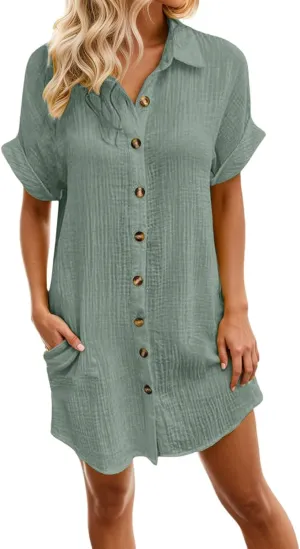 Womens Button Down Shirt Dress Summer Shorts Sleeve Cotton Linen Casual Midi Dress V-Neck Loose Tunic Dresses