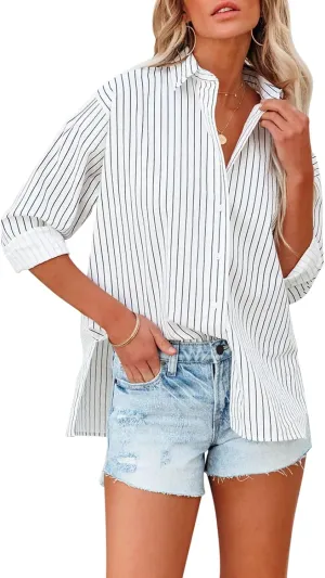 Womens Button Down Shirts Cotton Striped Dress Shirt Long Sleeve Collared Office Work Pinstripes Blouses Tops