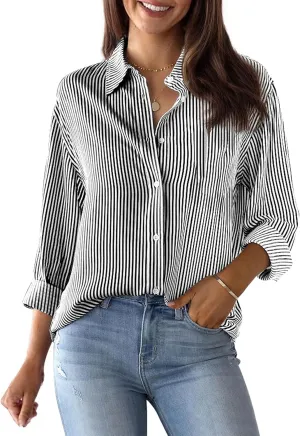 Womens Button Down Shirts Cotton Striped Dress Shirt Long Sleeve Collared Office Work Pinstripes Blouses Tops