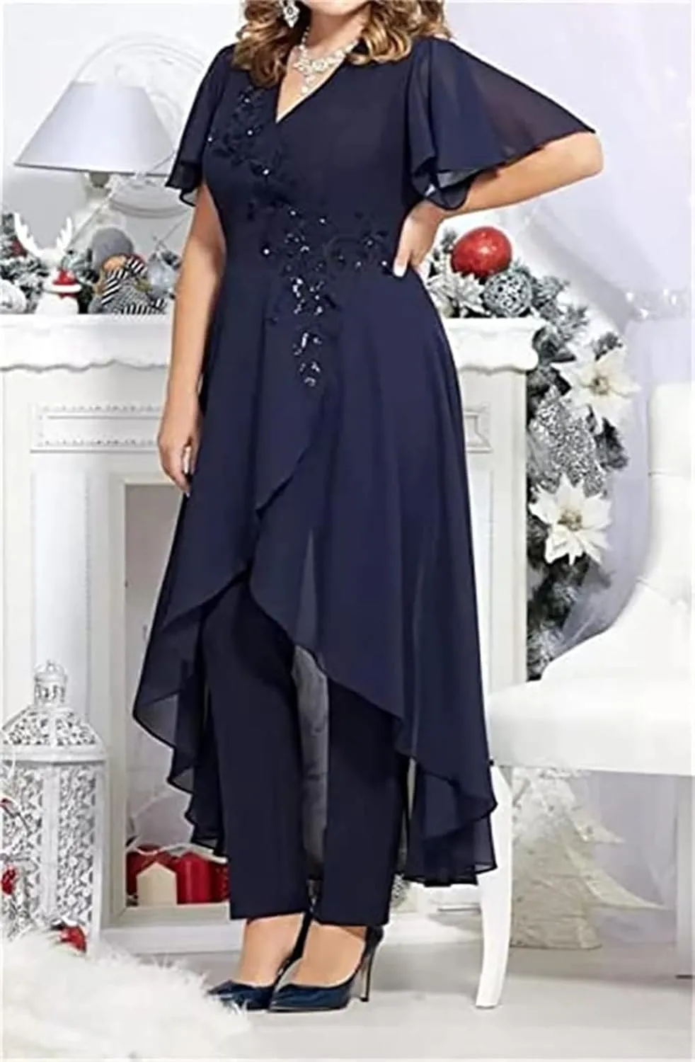 Women's Chiffon Mother of The Bride Dress 2 Pieces Pants Suits V Neck Mother of Groom Pantsuits for Wedding