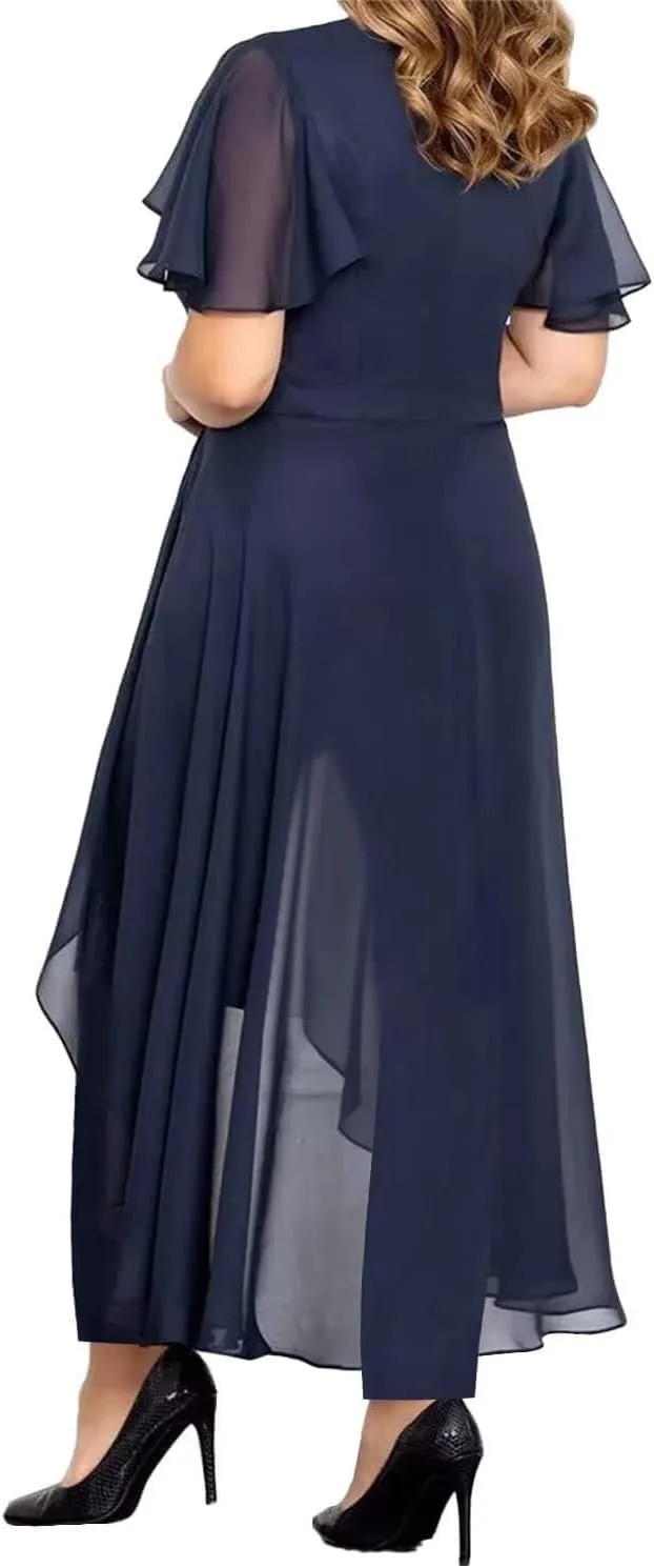 Women's Chiffon Mother of The Bride Dress 2 Pieces Pants Suits V Neck Mother of Groom Pantsuits for Wedding