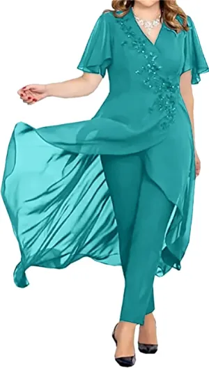 Women's Chiffon Mother of The Bride Dress 2 Pieces Pants Suits V Neck Mother of Groom Pantsuits for Wedding
