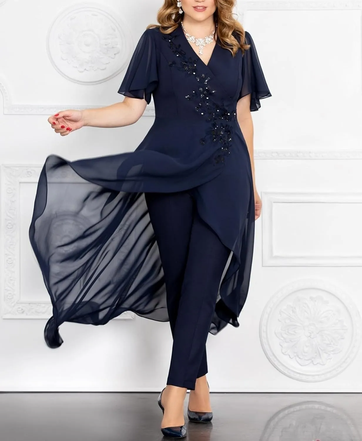 Women's Chiffon Mother of The Bride Dress 2 Pieces Pants Suits V Neck Mother of Groom Pantsuits for Wedding