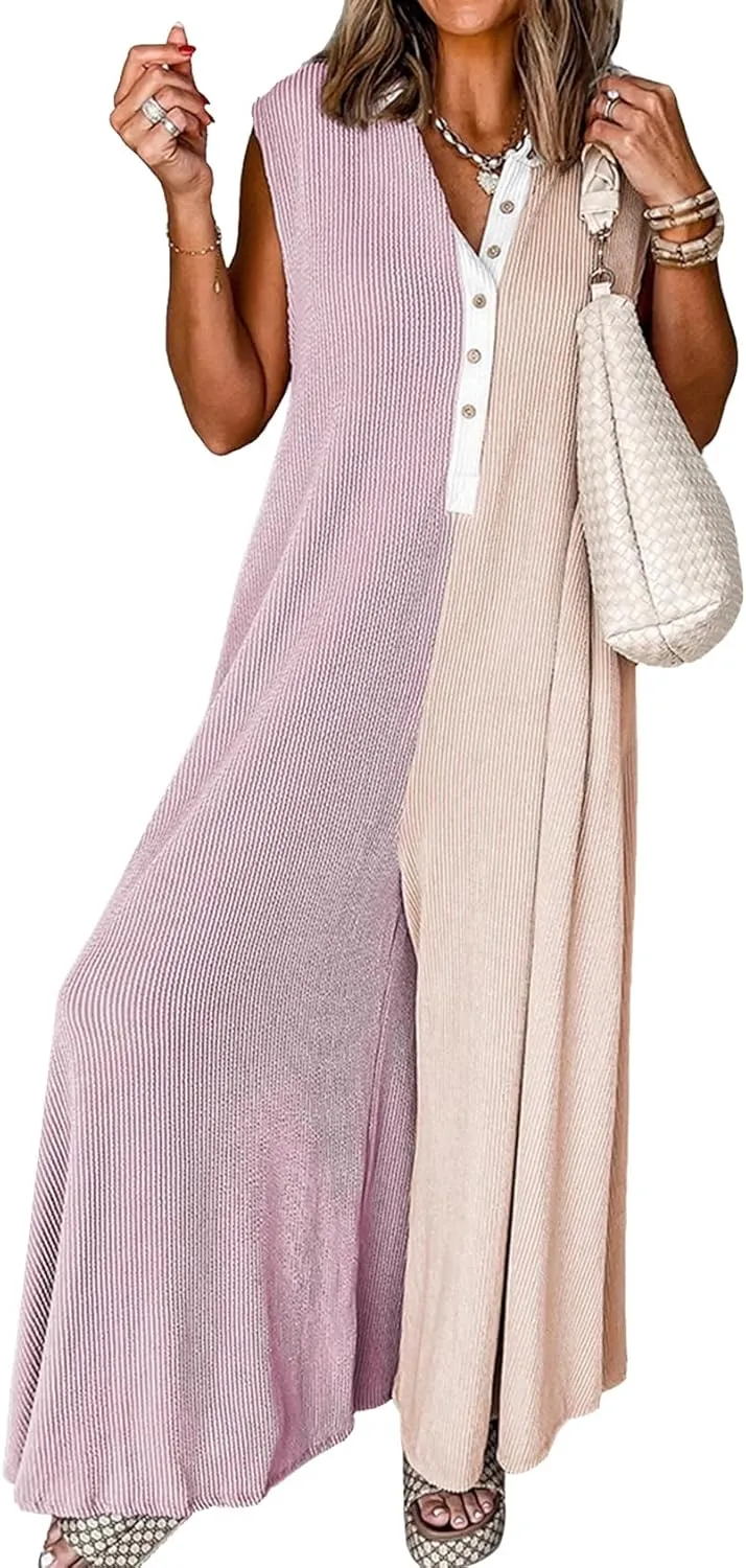 Womens Color Block Sleeveless Jumpsuit Button Down Wide Leg Jumpsuit Baggy Rompers Pants with Pockets