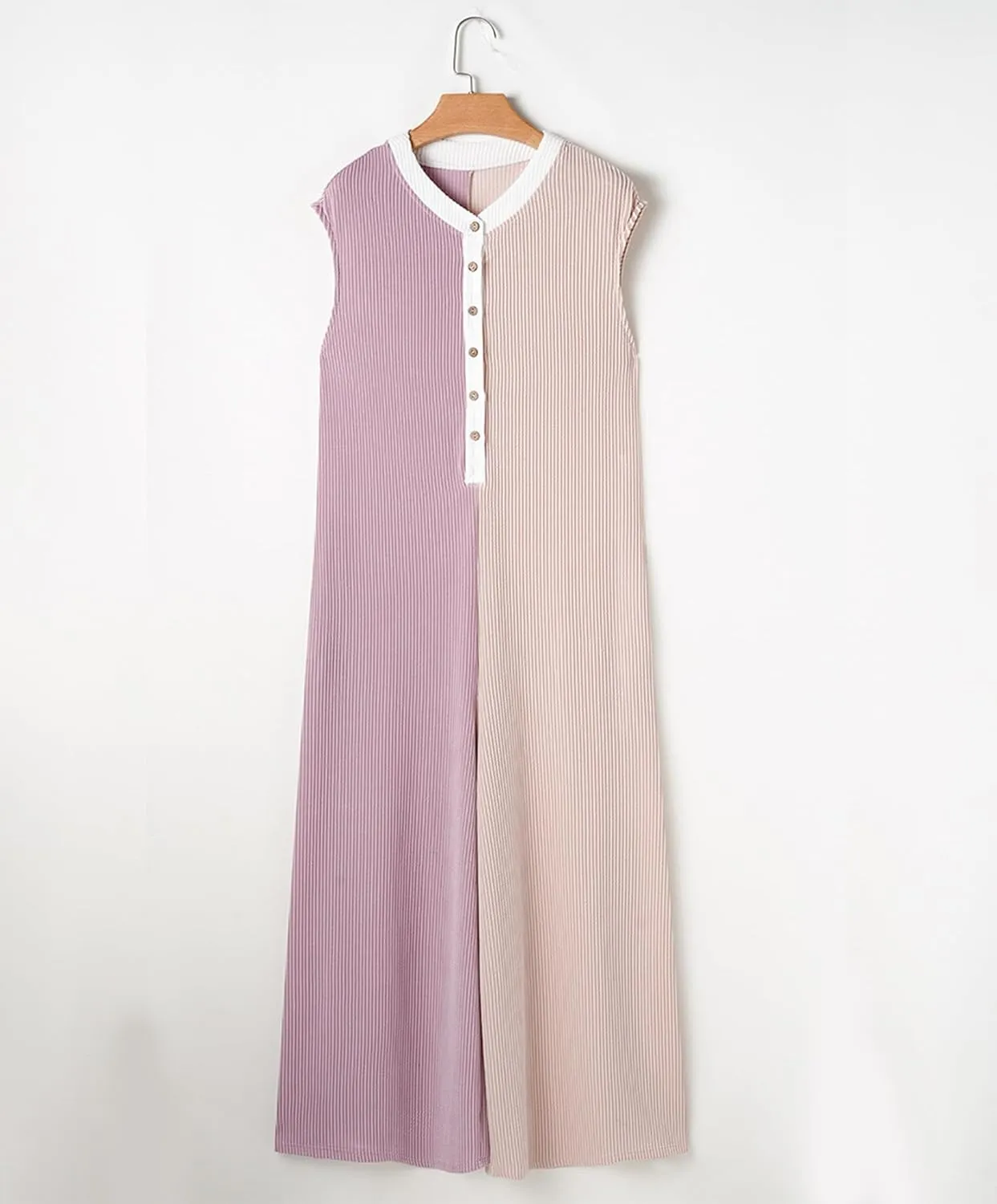 Womens Color Block Sleeveless Jumpsuit Button Down Wide Leg Jumpsuit Baggy Rompers Pants with Pockets