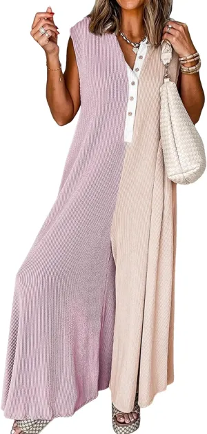 Womens Color Block Sleeveless Jumpsuit Button Down Wide Leg Jumpsuit Baggy Rompers Pants with Pockets