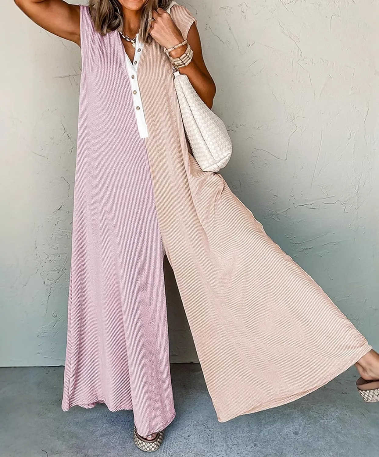 Womens Color Block Sleeveless Jumpsuit Button Down Wide Leg Jumpsuit Baggy Rompers Pants with Pockets
