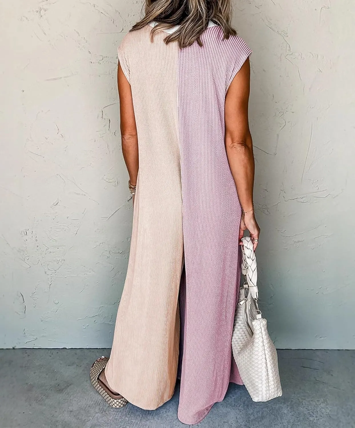 Womens Color Block Sleeveless Jumpsuit Button Down Wide Leg Jumpsuit Baggy Rompers Pants with Pockets