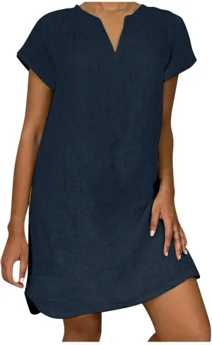 Women's Cotton Linen Dress Summer Midi Dresses Short Sleeve V Neck Loose Casual Shift Dresses Ladies Sundresses