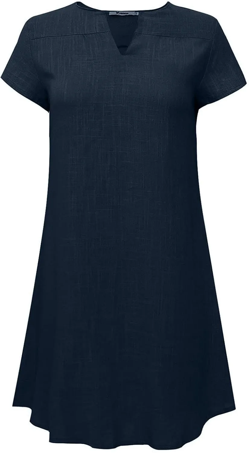 Women's Cotton Linen Dress Summer Midi Dresses Short Sleeve V Neck Loose Casual Shift Dresses Ladies Sundresses
