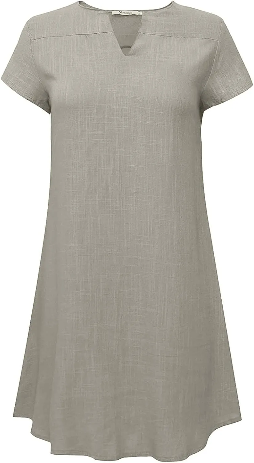 Women's Cotton Linen Dress Summer Midi Dresses Short Sleeve V Neck Loose Casual Shift Dresses Ladies Sundresses