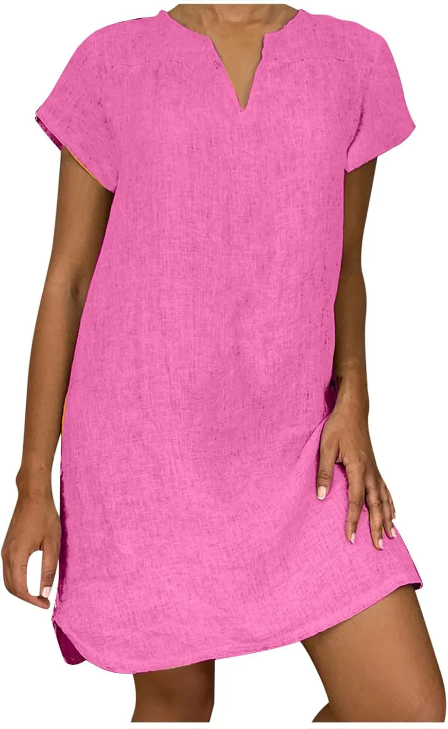 Women's Cotton Linen Dress Summer Midi Dresses Short Sleeve V Neck Loose Casual Shift Dresses Ladies Sundresses