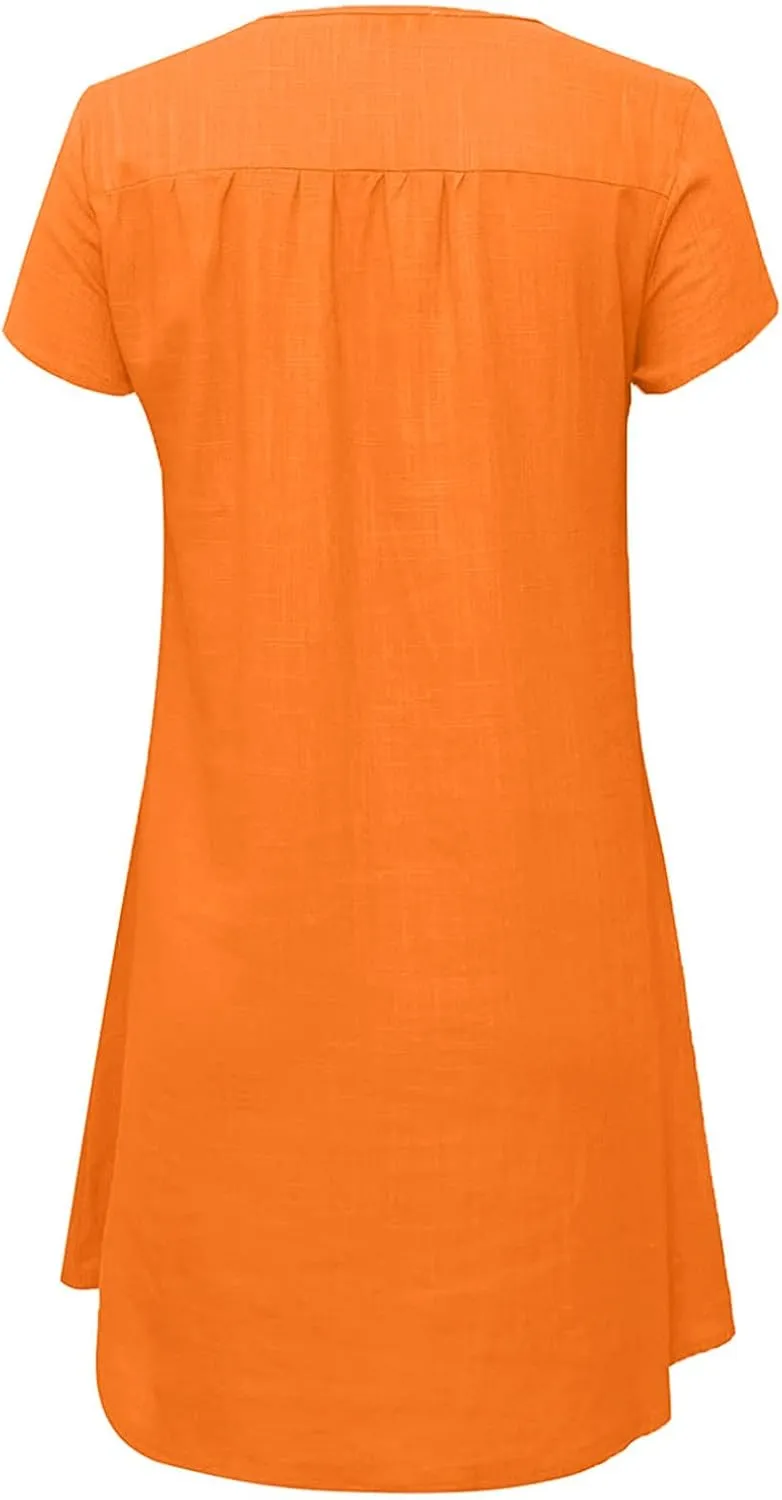 Women's Cotton Linen Dress Summer Midi Dresses Short Sleeve V Neck Loose Casual Shift Dresses Ladies Sundresses