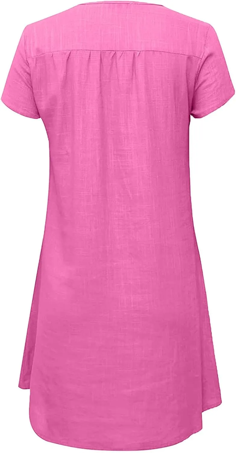 Women's Cotton Linen Dress Summer Midi Dresses Short Sleeve V Neck Loose Casual Shift Dresses Ladies Sundresses