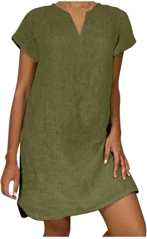 Women's Cotton Linen Dress Summer Midi Dresses Short Sleeve V Neck Loose Casual Shift Dresses Ladies Sundresses