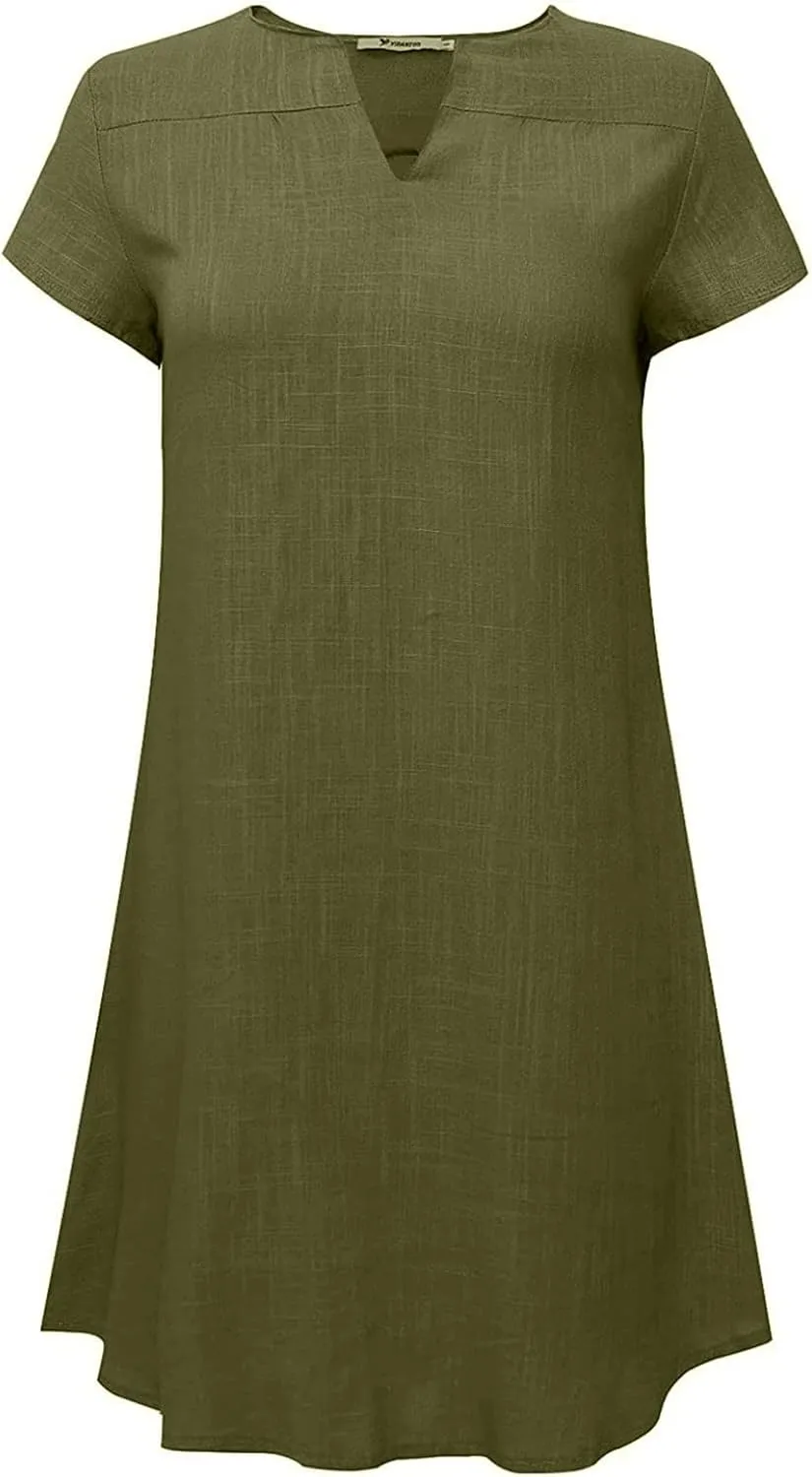 Women's Cotton Linen Dress Summer Midi Dresses Short Sleeve V Neck Loose Casual Shift Dresses Ladies Sundresses