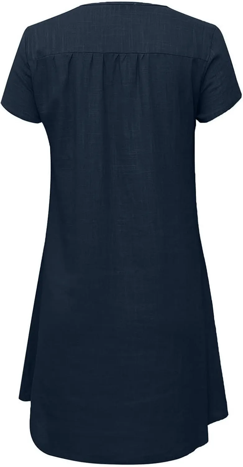 Women's Cotton Linen Dress Summer Midi Dresses Short Sleeve V Neck Loose Casual Shift Dresses Ladies Sundresses