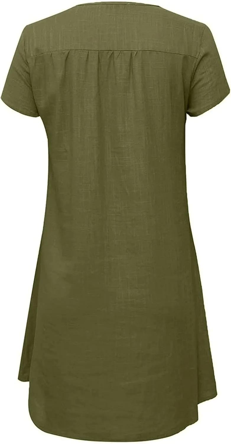 Women's Cotton Linen Dress Summer Midi Dresses Short Sleeve V Neck Loose Casual Shift Dresses Ladies Sundresses