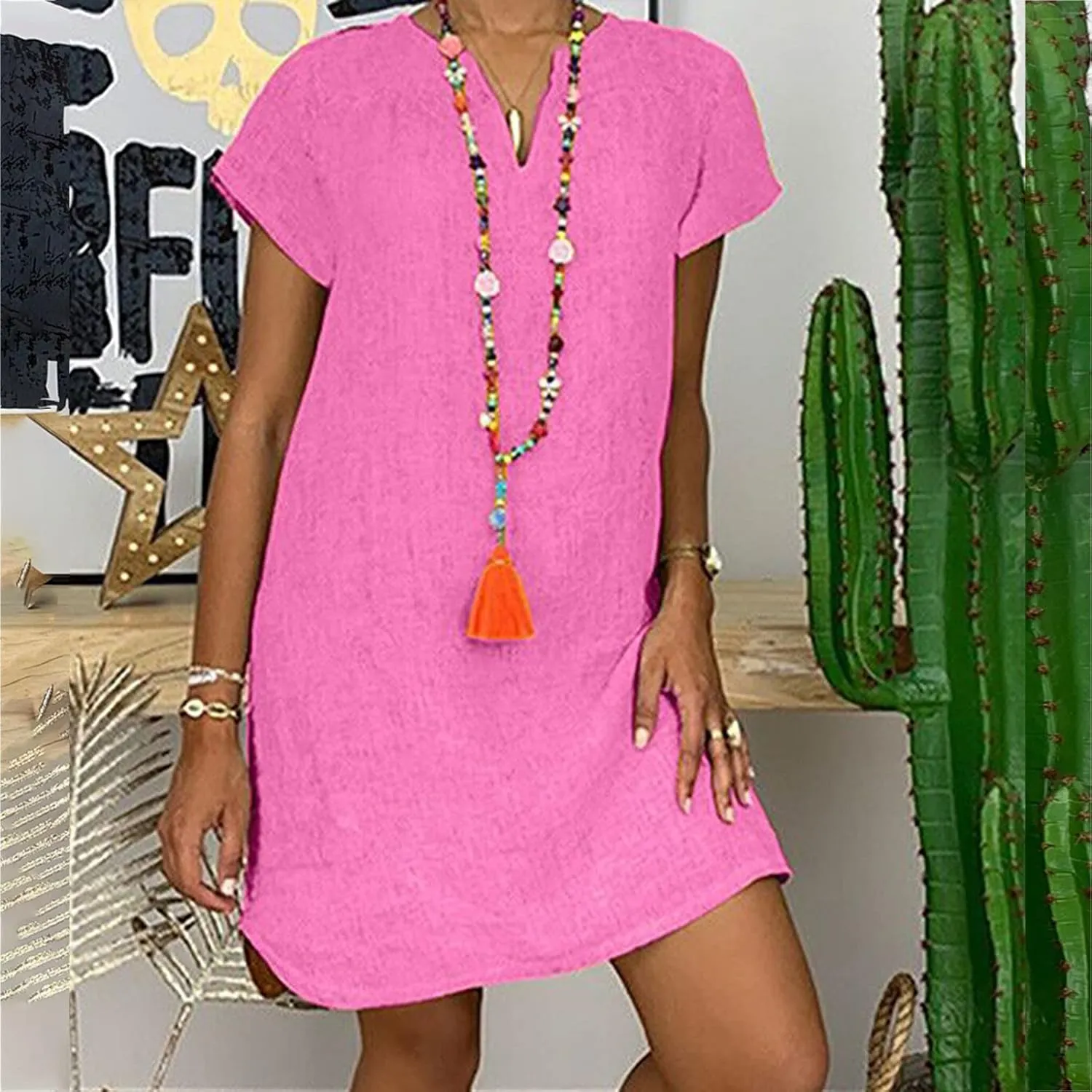 Women's Cotton Linen Dress Summer Midi Dresses Short Sleeve V Neck Loose Casual Shift Dresses Ladies Sundresses