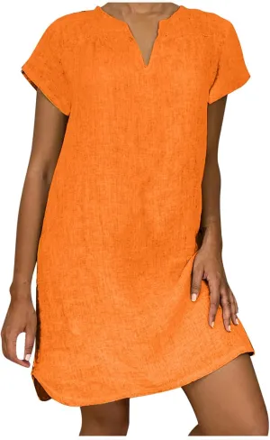 Women's Cotton Linen Dress Summer Midi Dresses Short Sleeve V Neck Loose Casual Shift Dresses Ladies Sundresses
