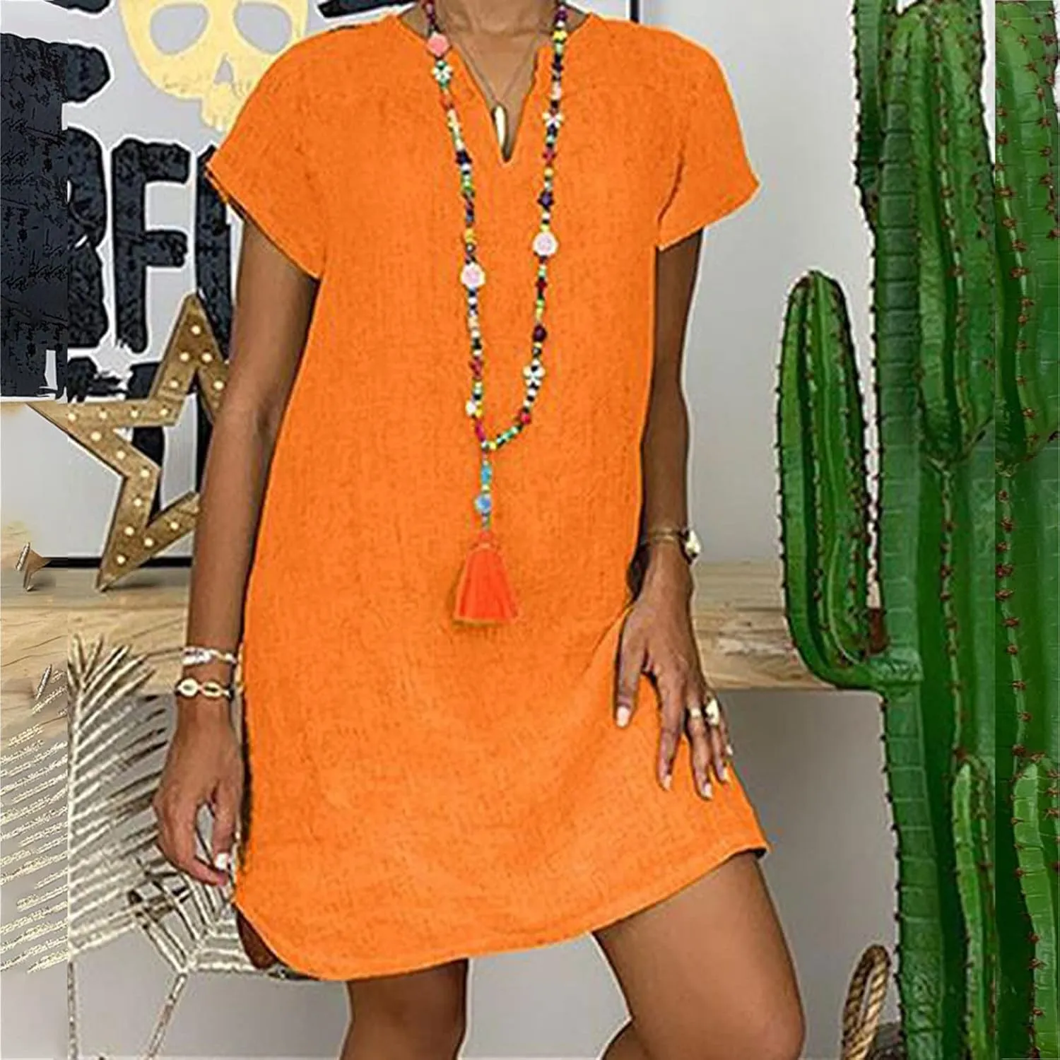 Women's Cotton Linen Dress Summer Midi Dresses Short Sleeve V Neck Loose Casual Shift Dresses Ladies Sundresses