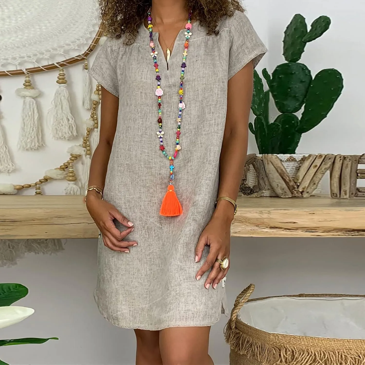 Women's Cotton Linen Dress Summer Midi Dresses Short Sleeve V Neck Loose Casual Shift Dresses Ladies Sundresses