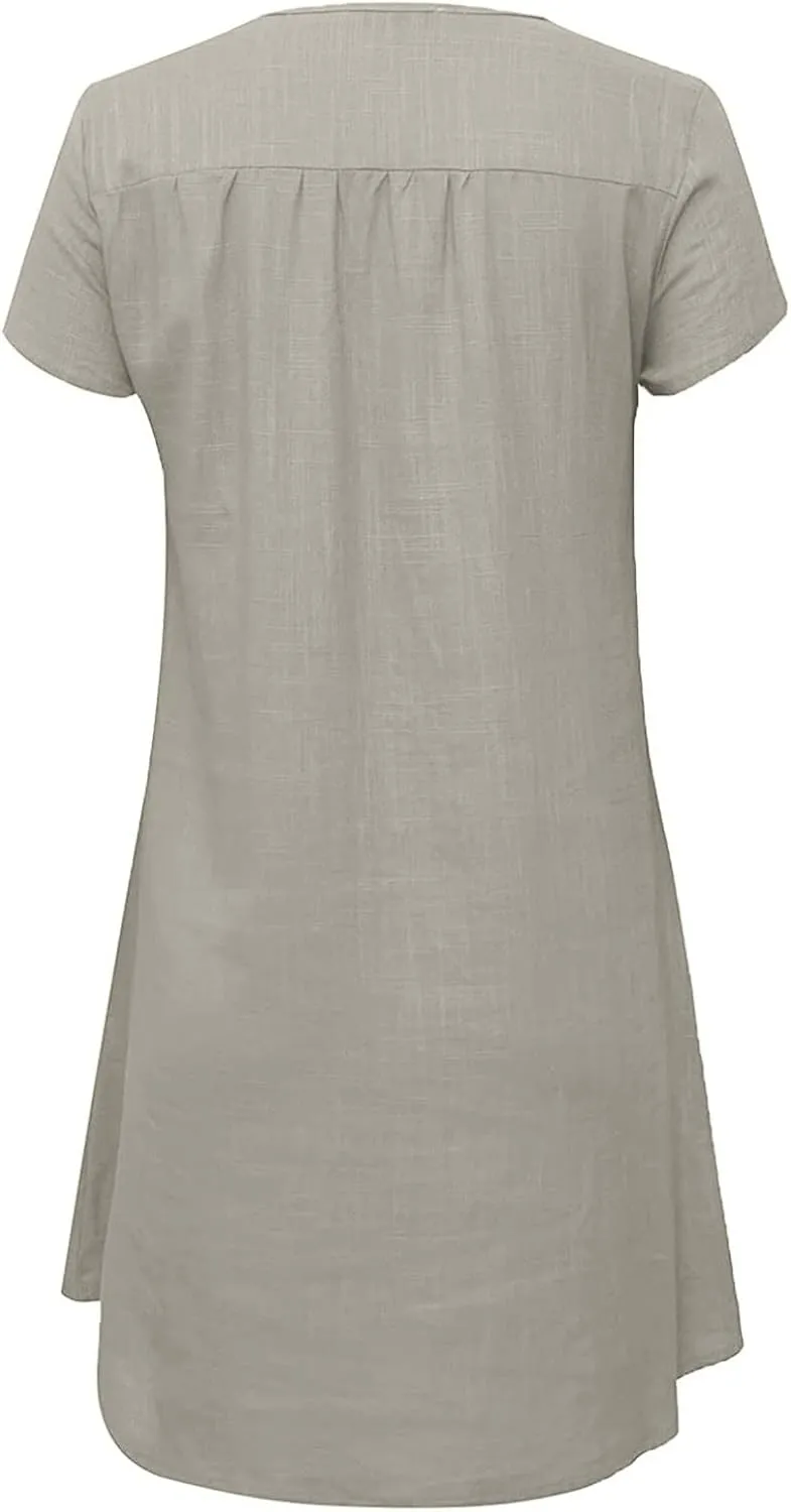 Women's Cotton Linen Dress Summer Midi Dresses Short Sleeve V Neck Loose Casual Shift Dresses Ladies Sundresses