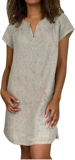 Women's Cotton Linen Dress Summer Midi Dresses Short Sleeve V Neck Loose Casual Shift Dresses Ladies Sundresses