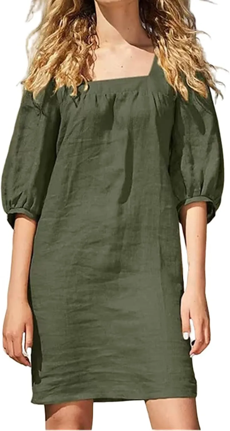 Womens Cotton Linen Dresses 2025 Summer Square Neck Dress Puff Short Sleeve Loose A-Line Casual Shorts Mini Dresses