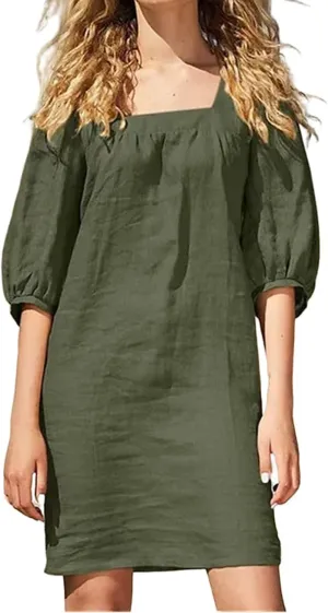 Womens Cotton Linen Dresses 2025 Summer Square Neck Dress Puff Short Sleeve Loose A-Line Casual Shorts Mini Dresses
