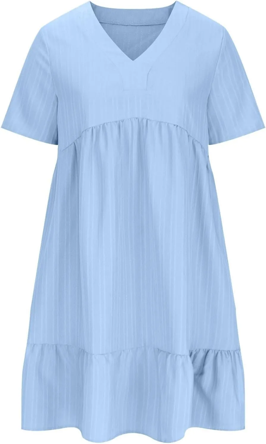 Women's Cotton Linen Short Sleeve Casual V Neck Mini Dress A Line Loose Pleated Flowy Dresses Beach Vacation Outfits