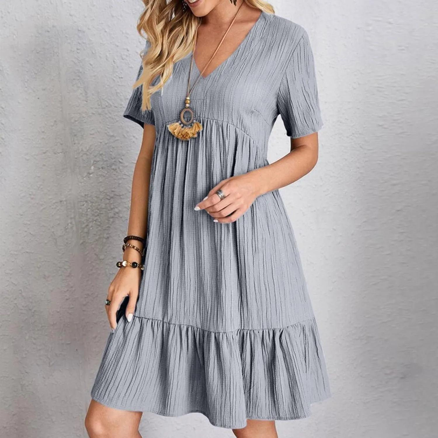 Women's Cotton Linen Short Sleeve Casual V Neck Mini Dress A Line Loose Pleated Flowy Dresses Beach Vacation Outfits