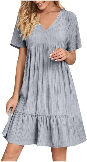Women's Cotton Linen Short Sleeve Casual V Neck Mini Dress A Line Loose Pleated Flowy Dresses Beach Vacation Outfits