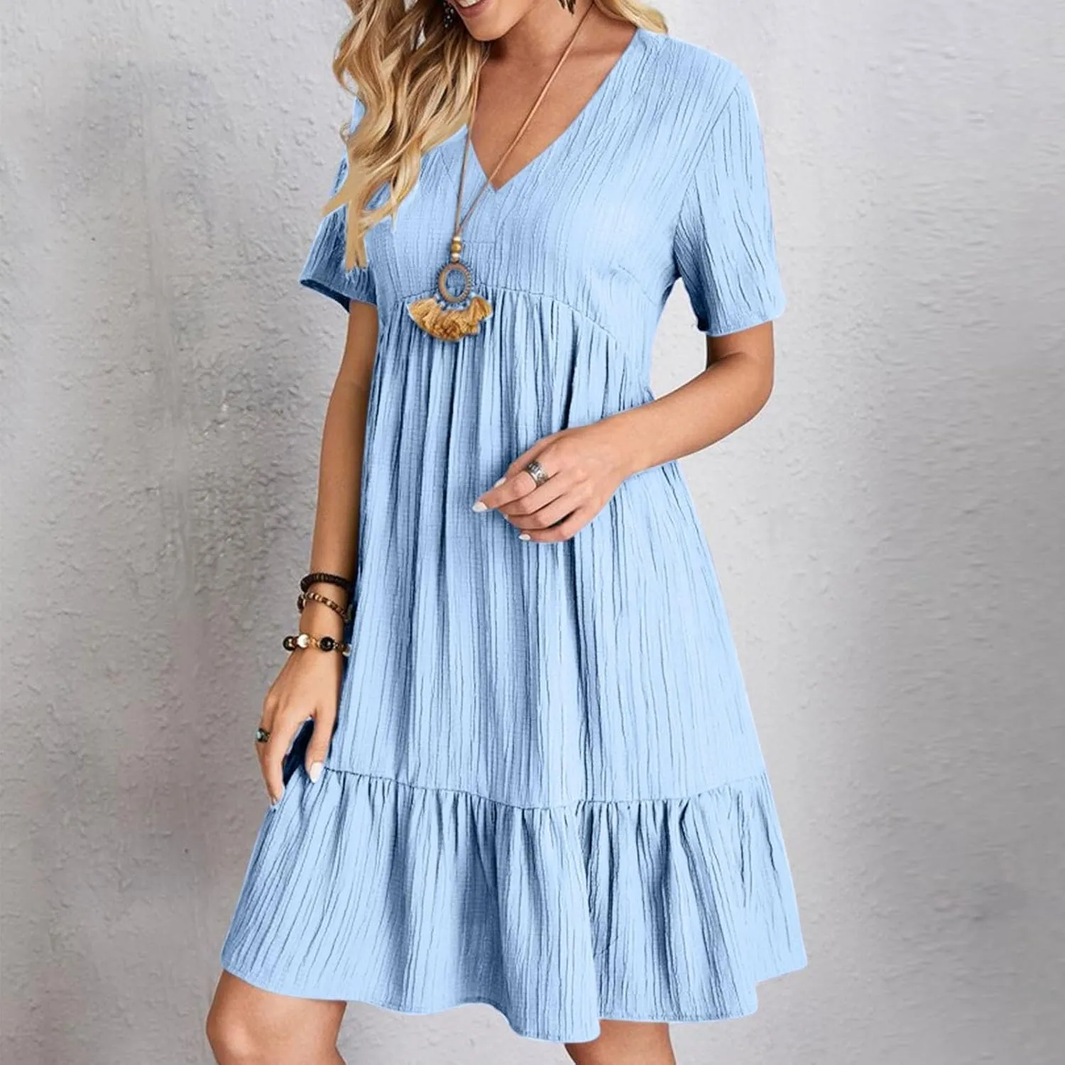 Women's Cotton Linen Short Sleeve Casual V Neck Mini Dress A Line Loose Pleated Flowy Dresses Beach Vacation Outfits