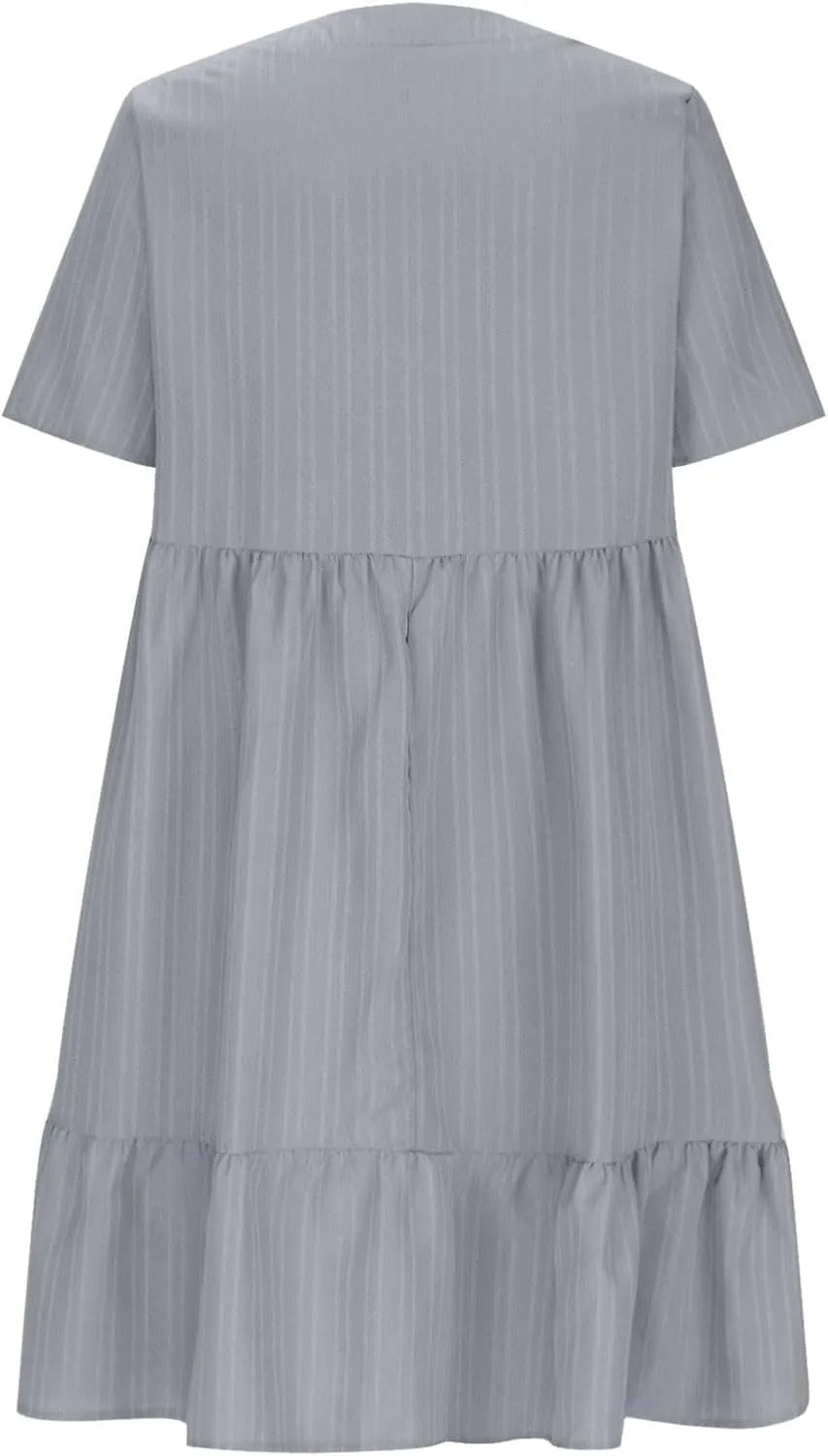 Women's Cotton Linen Short Sleeve Casual V Neck Mini Dress A Line Loose Pleated Flowy Dresses Beach Vacation Outfits