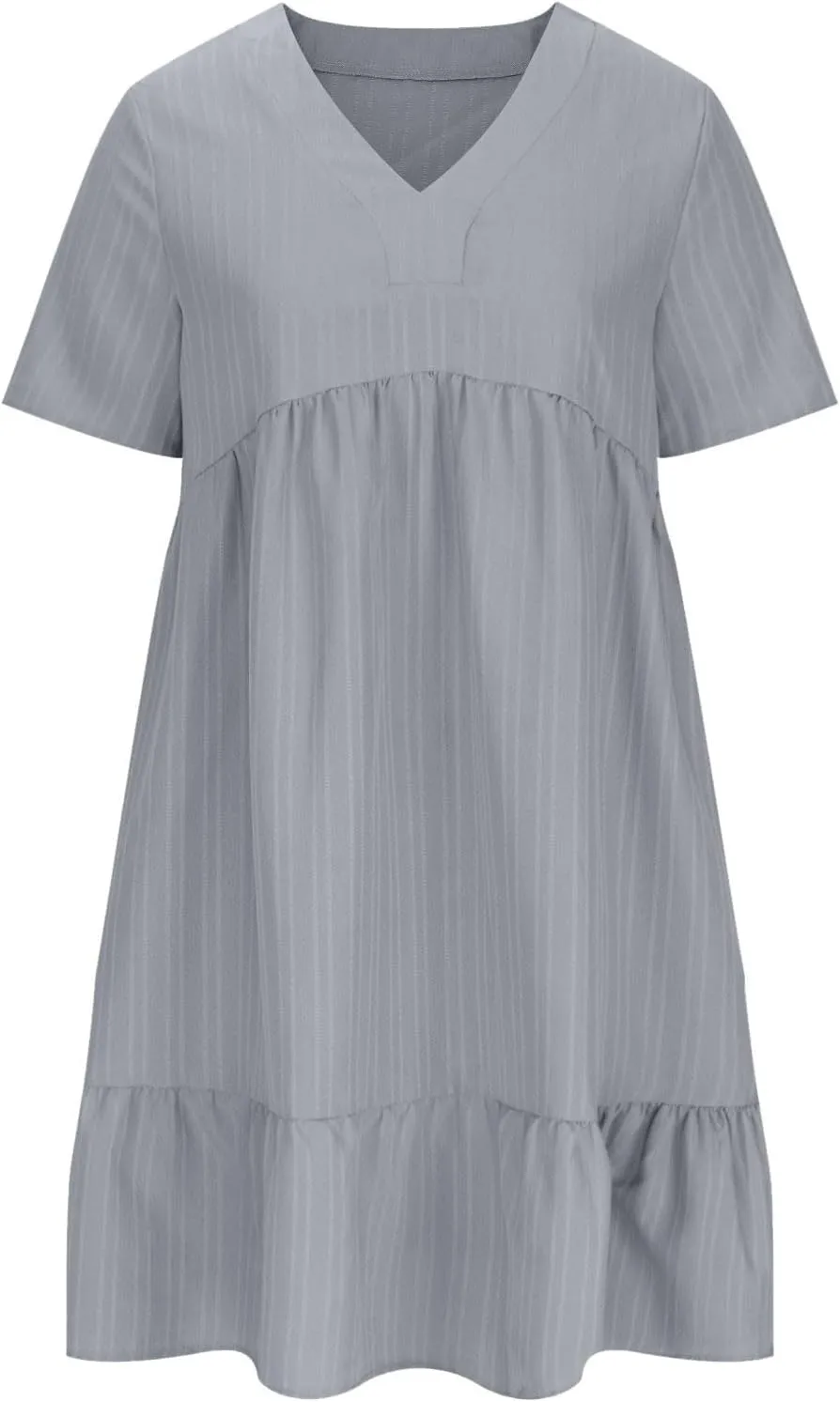 Women's Cotton Linen Short Sleeve Casual V Neck Mini Dress A Line Loose Pleated Flowy Dresses Beach Vacation Outfits